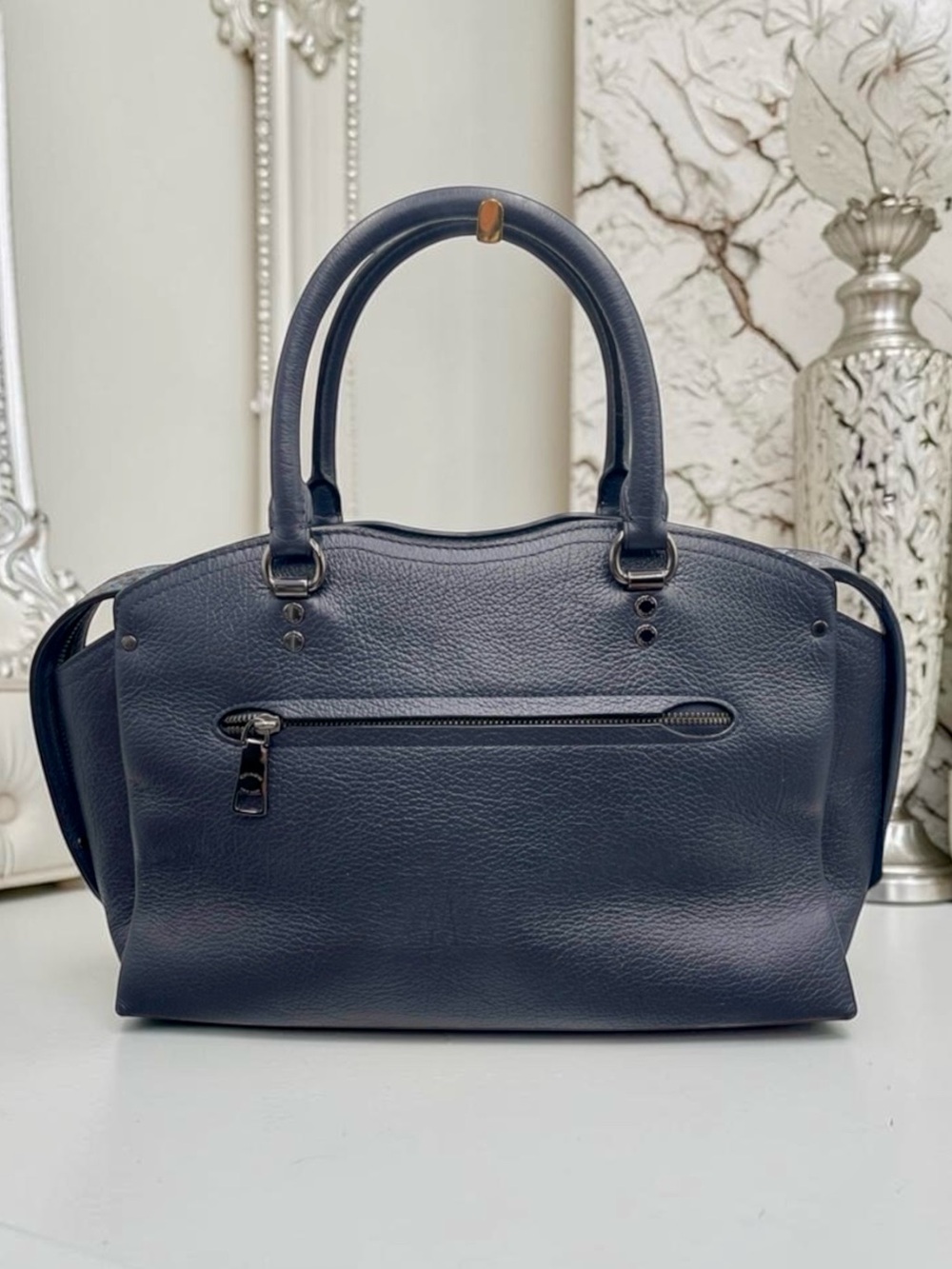 *SOLD* COACH Drew Satchel Navy Snakeskin Detail Top Handle Bag Crossbody - Picture 4 of 11